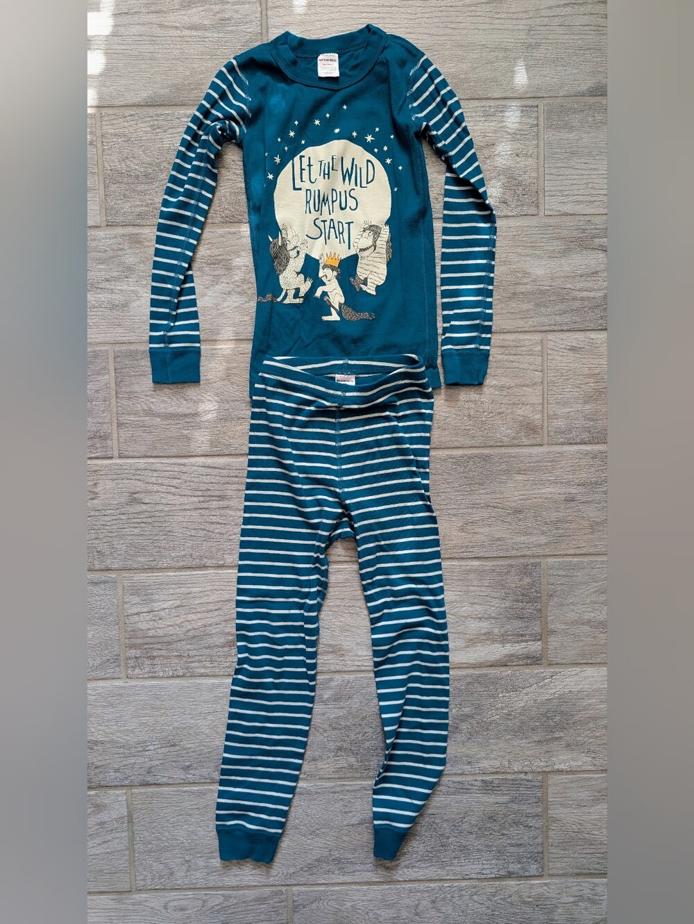 Hanna Andersson 6-7 Let the Wild Rumpus Start Blue Striped Kids Pajama Set EUC